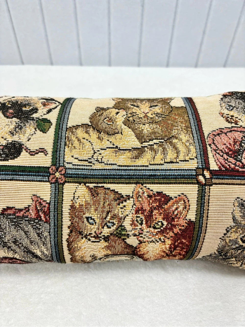 Vintage Tapestry  Kitten Bolster Pillow with Tassels